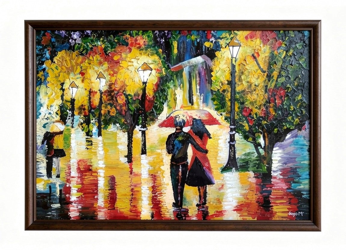 Beneath the Crimson Umbrella -Oil Canvas Paintings With Knife