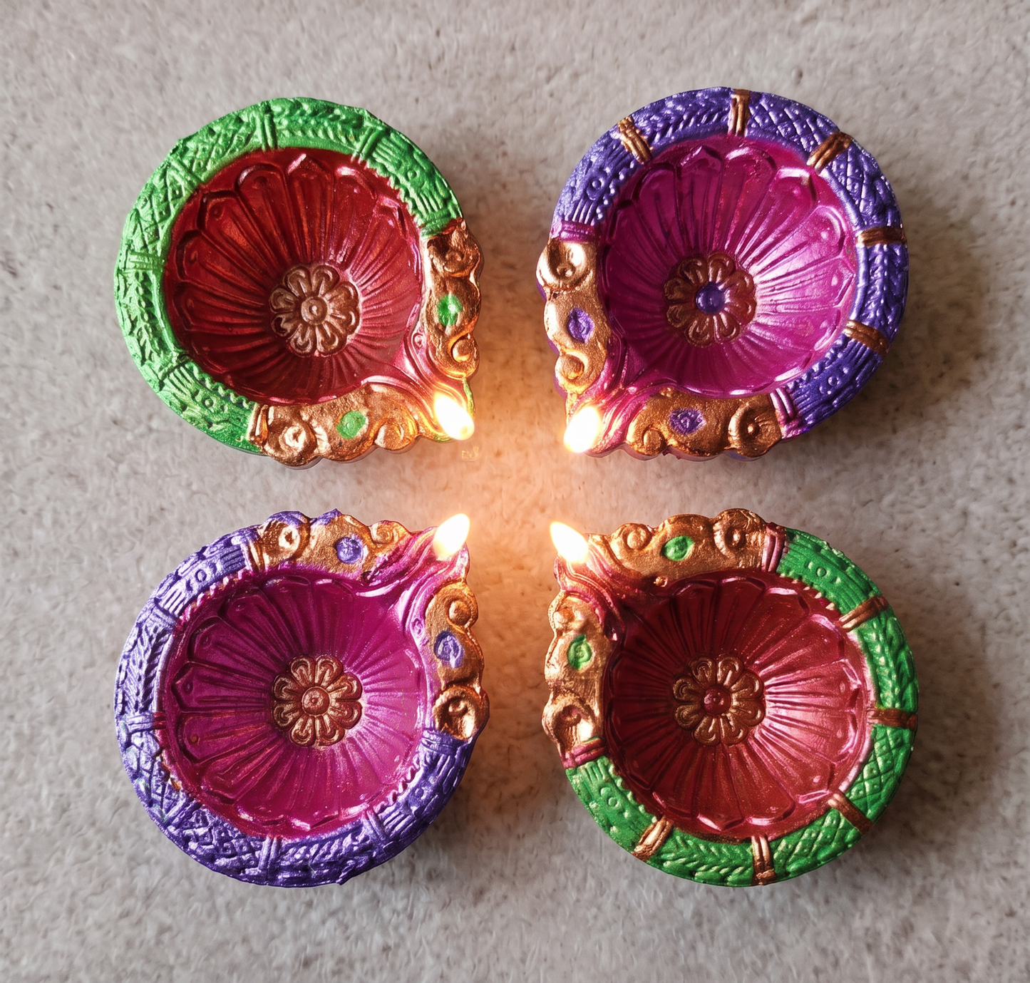 Hand-Painted Terracotta Diyas – Set of 4 | Gloss Finish