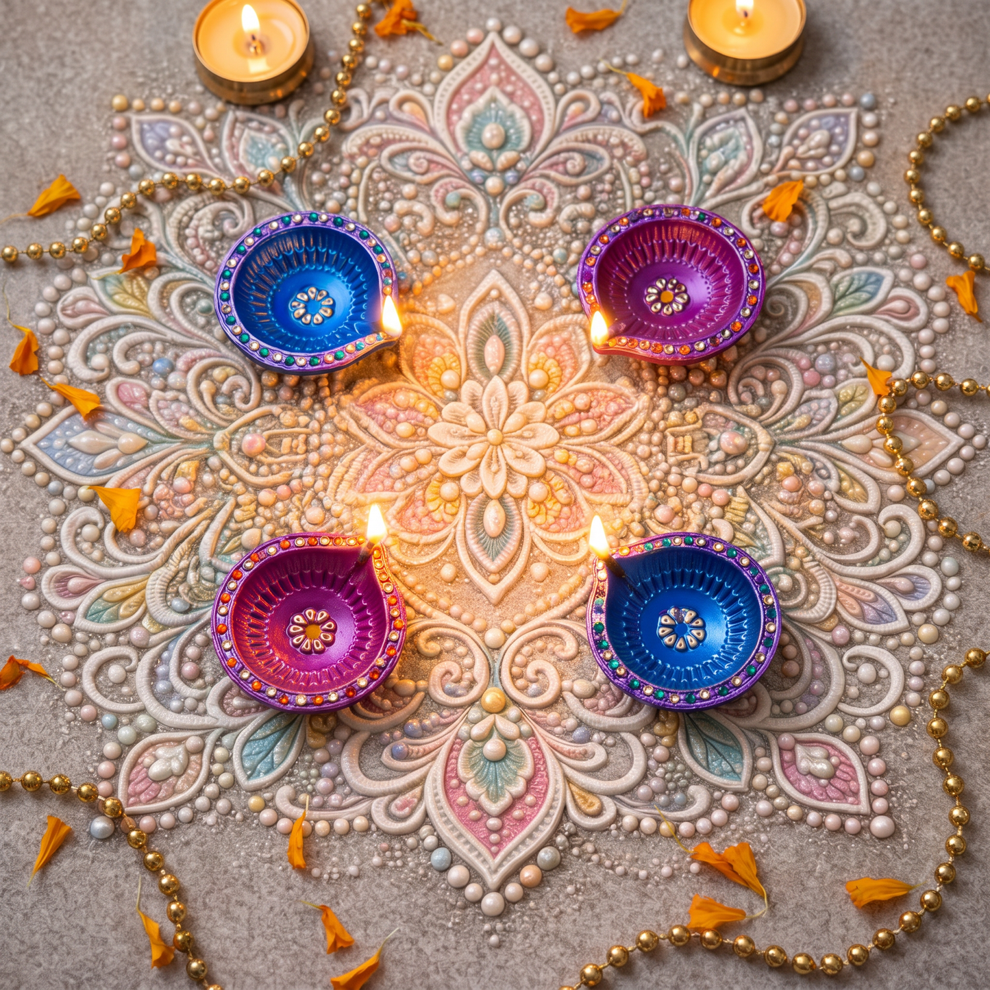 Hand-Painted Terracotta Diyas With Colourful Stones – Set of 4 | Gloss Finish