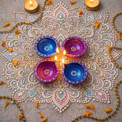 Hand-Painted Terracotta Diyas With Colourful Stones – Set of 4 | Gloss Finish