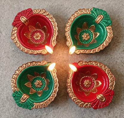 Hand-Painted Terracotta Diyas – Set of 4 | Gloss Finish
