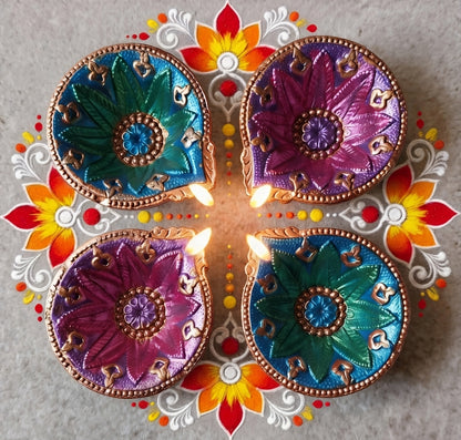 Hand-Painted Terracotta Diyas – Set of 4 | Gloss Finish