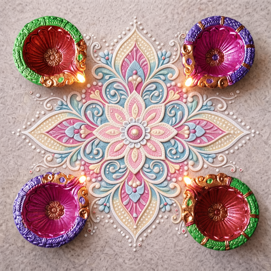 Hand-Painted Terracotta Diyas – Set of 4 | Gloss Finish