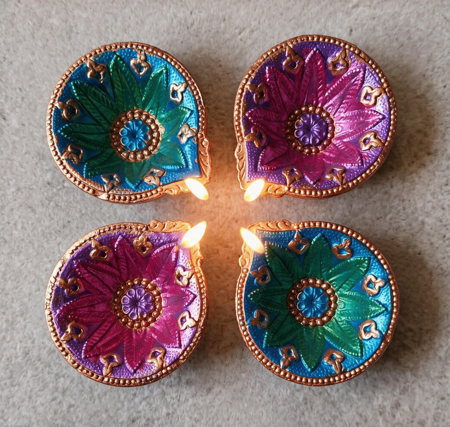 Hand-Painted Terracotta Diyas – Set of 4 | Gloss Finish