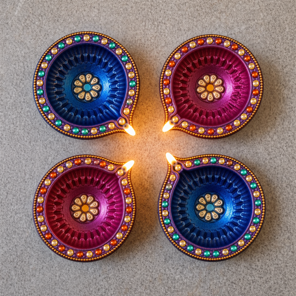 Hand-Painted Terracotta Diyas Set of 4 with Colourful Stones | Gloss Finish