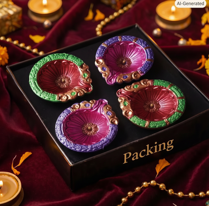 Hand-Painted Terracotta Diyas – Set of 4 | Gloss Finish