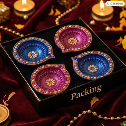 Hand-Painted Terracotta Diyas Set of 4 with Colourful Stones | Gloss Finish