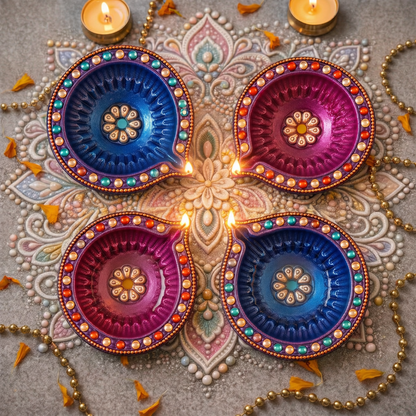 Hand-Painted Terracotta Diyas Set of 4 with Colourful Stones | Gloss Finish