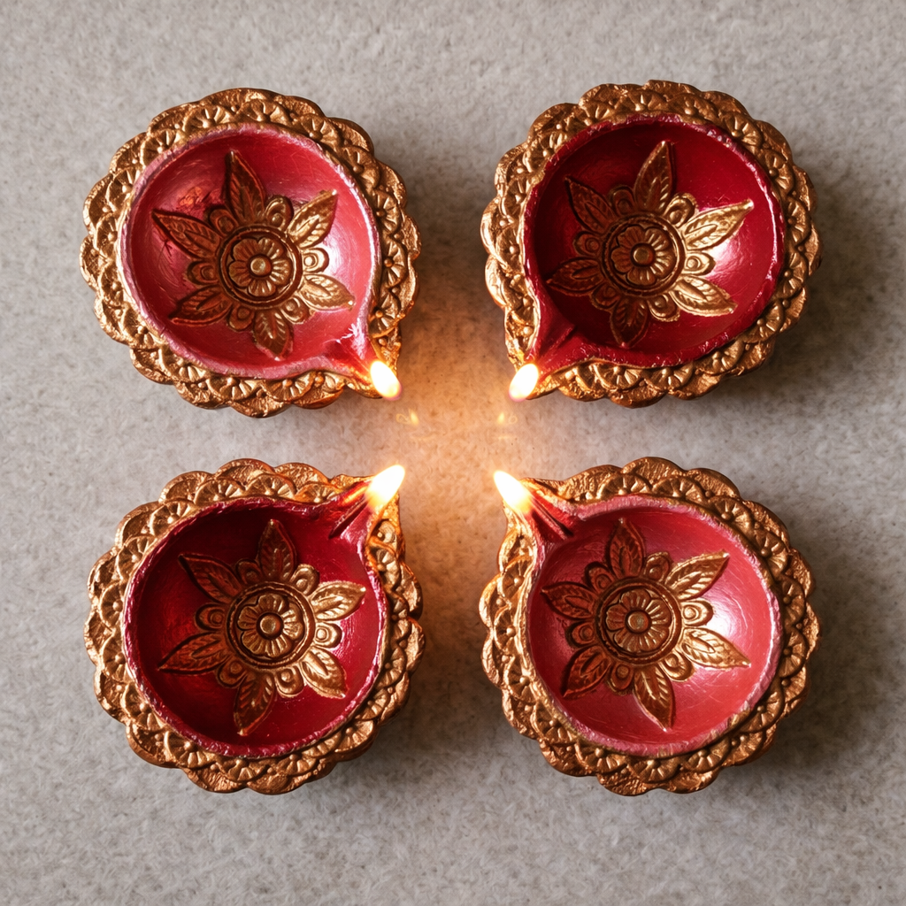 Hand-Painted Terracotta Diyas – Set of 4 | Gloss Finish
