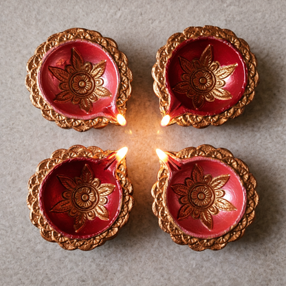 Hand-Painted Terracotta Diyas – Set of 4 | Gloss Finish