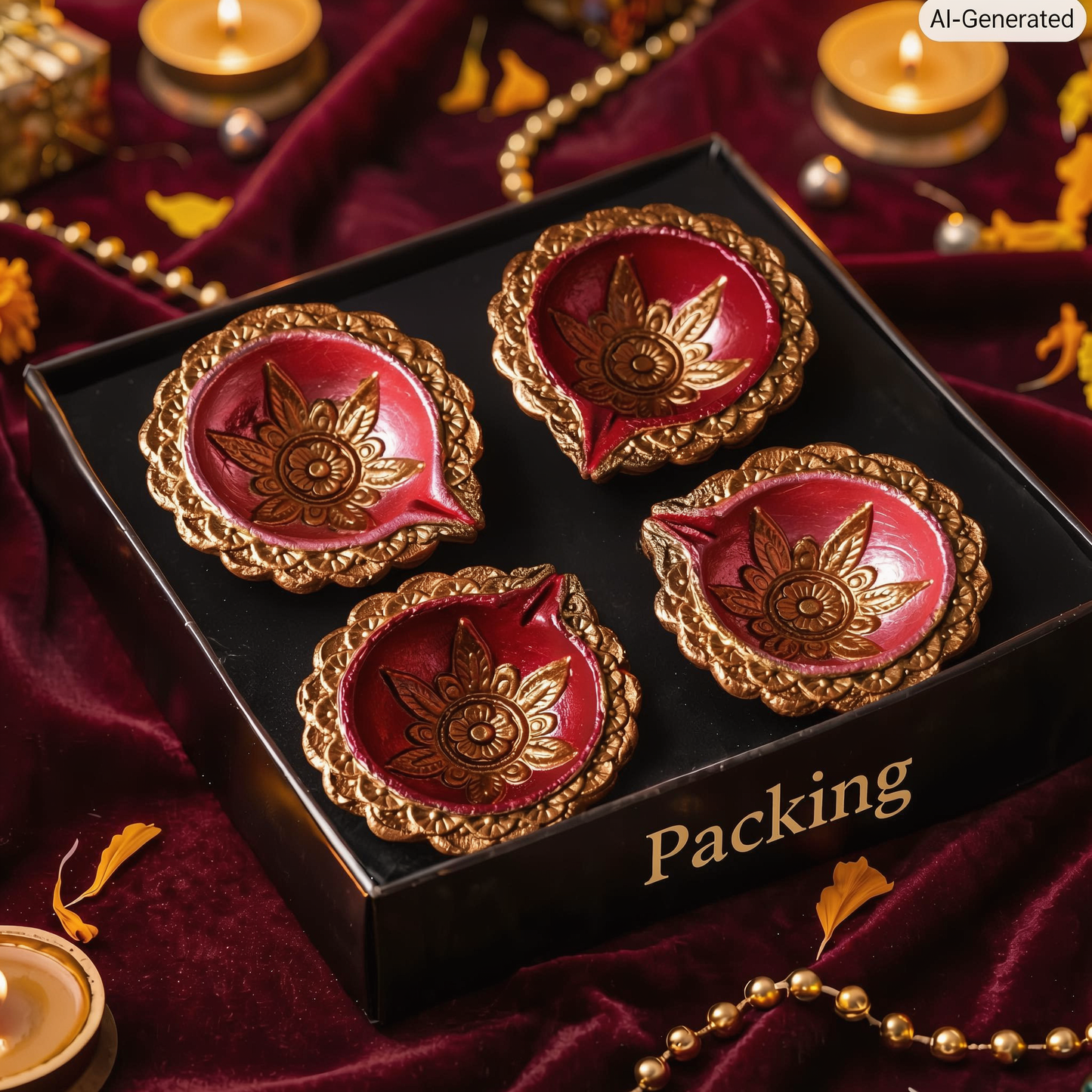 Hand-Painted Terracotta Diyas – Set of 4 | Gloss Finish