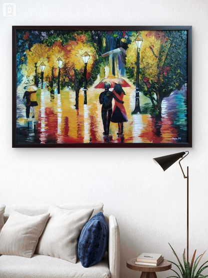 Beneath the Crimson Umbrella -Oil Canvas Paintings With Knife