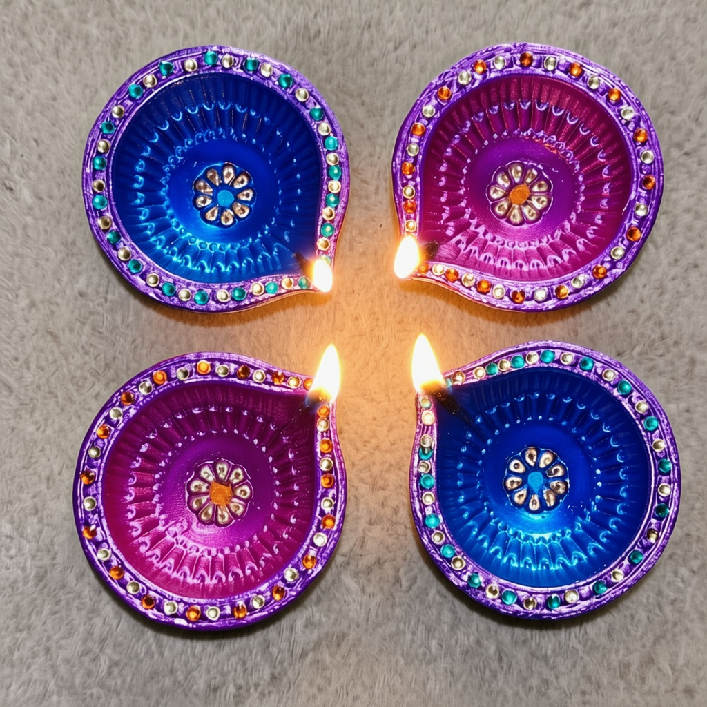 Hand-Painted Terracotta Diyas With Colourful Stones – Set of 4 | Gloss Finish