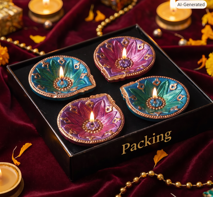Hand-Painted Terracotta Diyas – Set of 4 | Gloss Finish