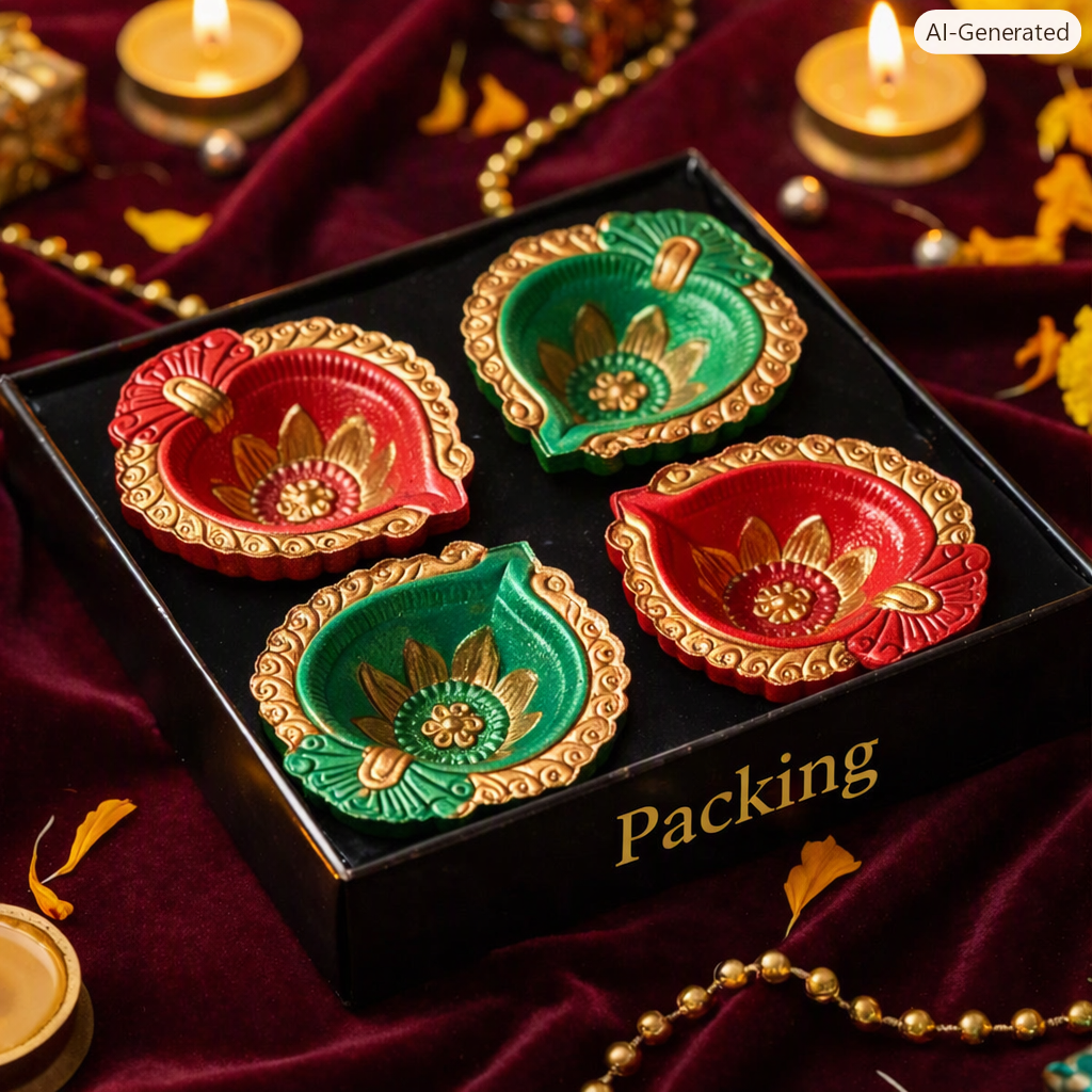 Hand-Painted Terracotta Diyas – Set of 4 | Gloss Finish