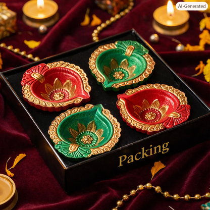Hand-Painted Terracotta Diyas – Set of 4 | Gloss Finish