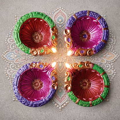 Hand-Painted Terracotta Diyas – Set of 4 | Gloss Finish