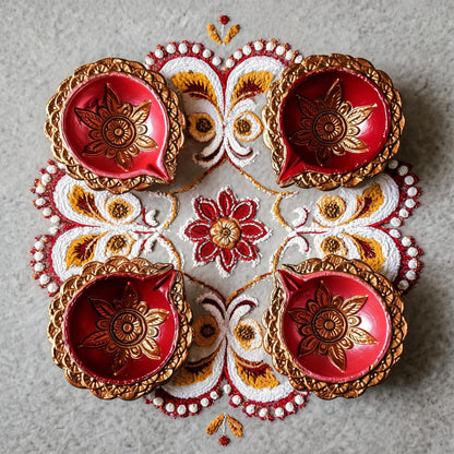 Hand-Painted Terracotta Diyas – Set of 4 | Gloss Finish