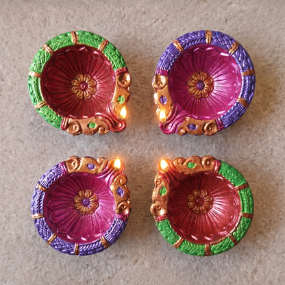 Hand-Painted Terracotta Diyas – Set of 4 | Gloss Finish