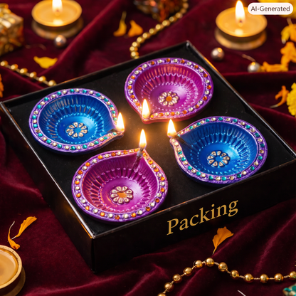 Hand-Painted Terracotta Diyas With Colourful Stones – Set of 4 | Gloss Finish